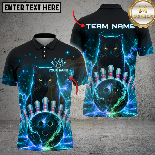 Maxcorners Bowling Shirt Galaxy Cat Neon Cosmic Bowling Ball Design Multicolor Options Personalized Name, Team Name 3D Shirt (4 Colors)