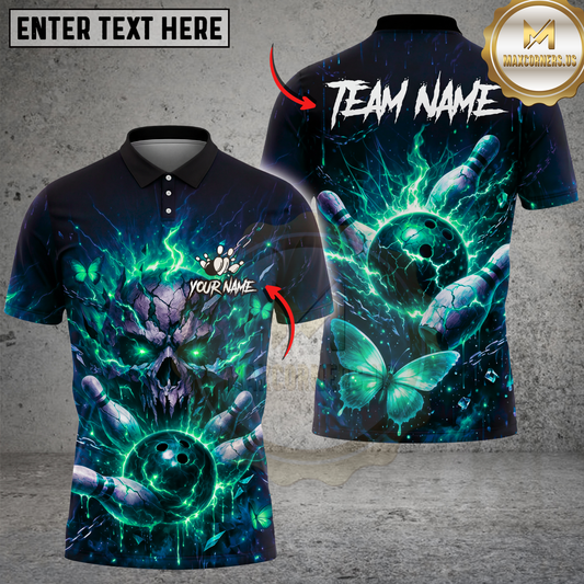Maxcorners Bowling Shirt Electric Skull Lightning Ball Fantasy Glow Multicolor Options Personalized Name, Team Name 3D Shirt (4 Colors)