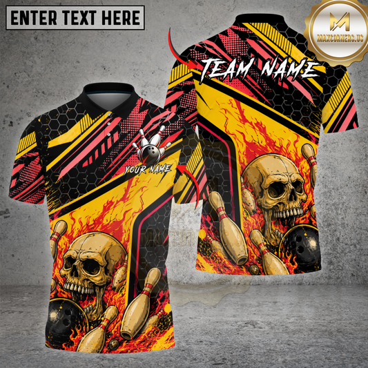 Maxcorners Skull Flame Bowling Shirt Yellow Fire Skull Strike Design Multicolor Options Personalized Name, Team Name 3D Shirt (4 Colors)