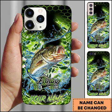 Maxcorners Bass Fishing Neon Green Honeycomb Water Splash Personalized Name Phone Case