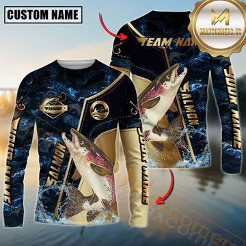 Maxcorners Salmon Fishing Ocean Wave Gold Luxury Pattern Personalized Name, Team Name Long Sleeve Shirt