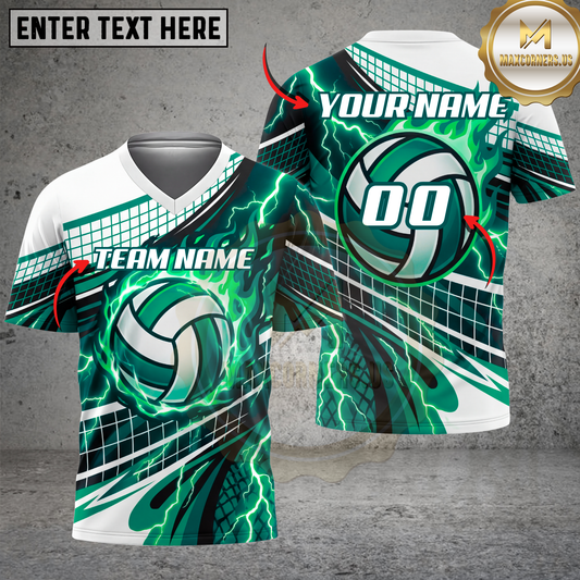 Maxcorners Volleyball Electric Storm Dynamic Motion Multicolor Options Personalized 3D V-neck T-Shirt