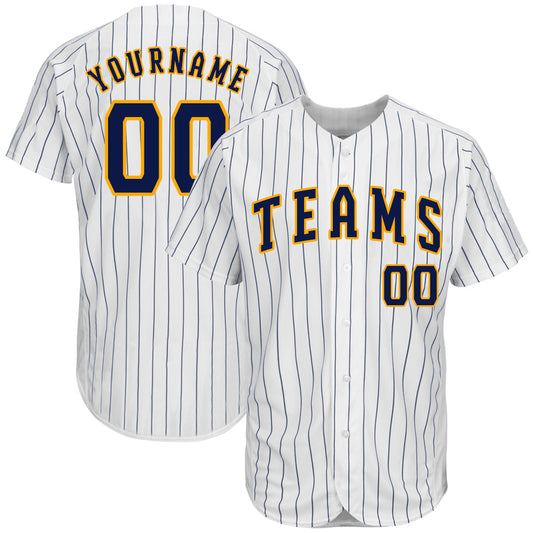 Maxcorners Custom White Navy Pinstripe Navy-Gold Authentic Baseball Jersey LM2605