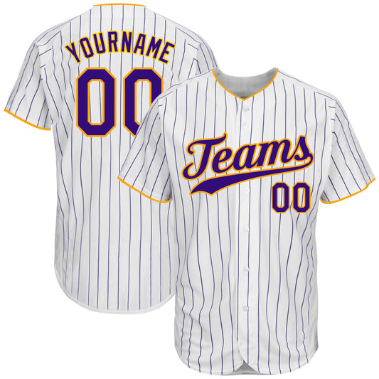 Maxcorners Custom White Purple Pinstripe Purple-Gold Authentic Baseball Jersey LM2605