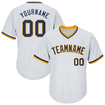 Maxcorners Custom White Navy-Gold Authentic Throwback Rib-Knit Baseball Jersey Shirt LM2605