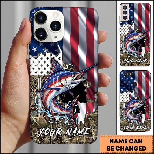 Maxcorners Marlin Fishing American Flag Patriotic Vintage Camo Personalized Name Phone Case