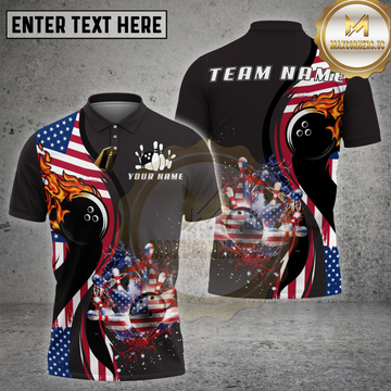Maxcorners Bowling Shirt Fireball Strike American Flag Multi Options Personalized Name, Team Name 3D Shirt