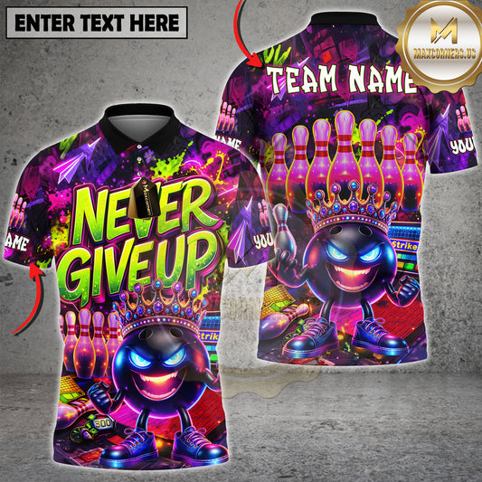 Maxcorners Neon Bowling Ball Never Give Up Graffiti Style Multicolor Options Personalized Name, Team Name 3D Shirt (5 Colors)