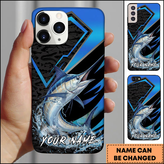 Maxcorners Marlin Fishing Electric Blue Arrow Pattern Splash Personalized Name Phone Case