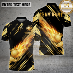 Maxcorners Golf Black Gold Flaming Crown Ball Luxury Style Multi Options Personalized Name, Team Name 3D Shirt