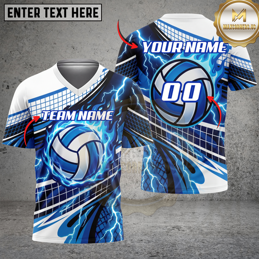 Maxcorners Volleyball Electric Storm Dynamic Motion Multicolor Options Personalized 3D V-neck T-Shirt