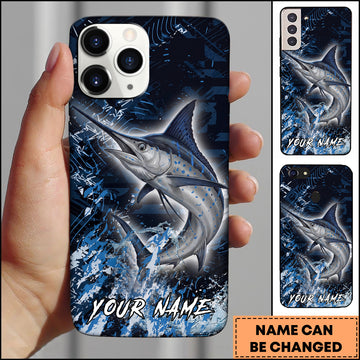 Maxcorners Marlin Fishing Blue Grunge Splash Effect Personalized Name Phone Case
