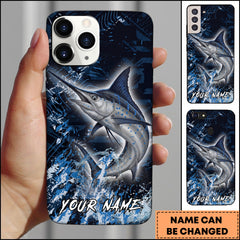 Maxcorners Marlin Fishing Blue Grunge Splash Effect Personalized Name Phone Case