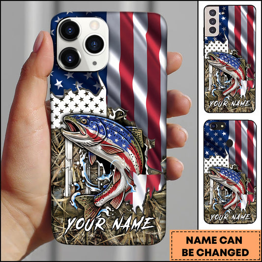 Maxcorners Trout Fishing American Flag Patriotic Vintage Camo Personalized Name Phone Case