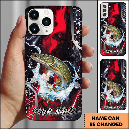 Maxcorners Pike Fishing Red Black Abstract Lightning Splash Personalized Name Phone Case