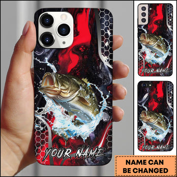 Maxcorners Bass Fishing Red Black Abstract Lightning Splash Personalized Name Phone Case