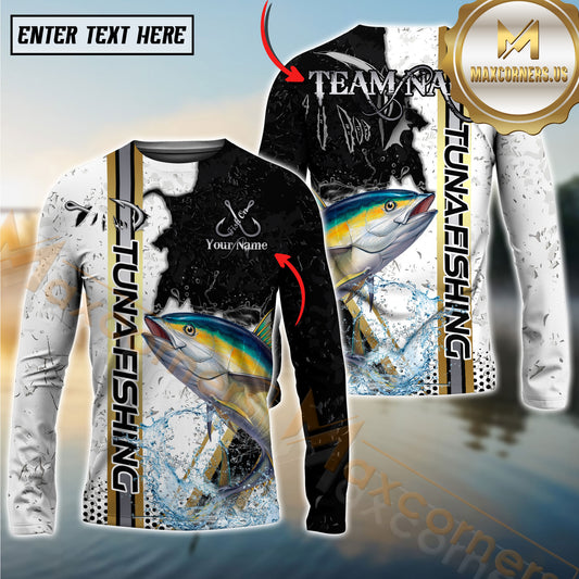 Maxcorners Tuna Fishing Split Grunge Splash Design Personalized Name, Team Name Long Sleeve Shirt