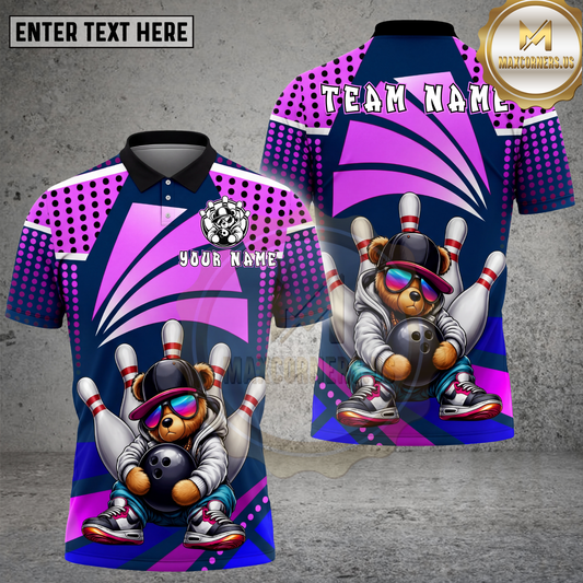 Maxcorners Bowling Bear Hip Hop Retro Neon Style Multicolor Options Personalized Name, Team Name 3D Shirt (4 Colors)