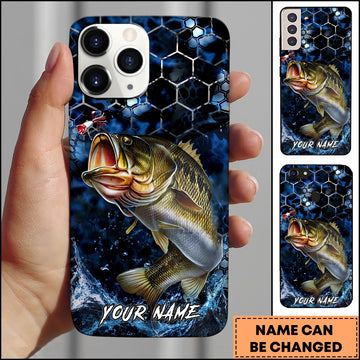 Maxcorners Bass Fishing Phone Case Blue Ocean Hexagon Lure Art Design Custom Angler Name Phone Case (12 Fish Species)