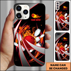 Maxcorners Bowling Phone Case Flaming Red Bowling Ball Dynamic Speed Strike Art Personalized Name Phone Case