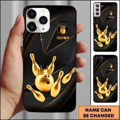 Maxcorners Bowling Phone Case Luxury Golden Crown Bowling Ball Minimal Black Design Personalized Name Phone Case
