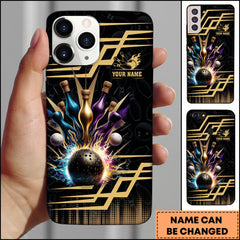 Maxcorners Bowling Phone Case Premium Gold Geometry Bowling Ball Energy Burst Personalized Name Phone Case