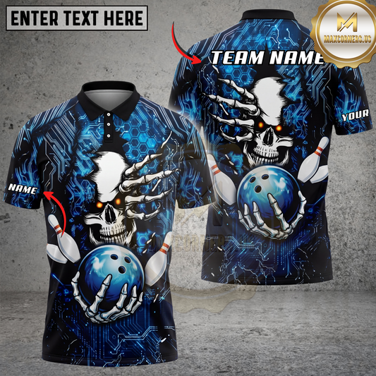 Maxcorners Bowling Shirt Cyber Skull Neon Circuit Bowling Graphic Multicolor Options Personalized Name, Team Name 3D Shirt (4 Colors)