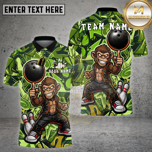 Maxcorners Bowling Monkey Power Smash Action Graphic Multicolor Options Personalized Name, Team Name 3D Shirt (4 Colors)