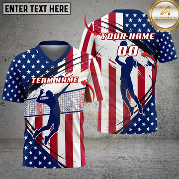 Maxcorners Volleyball USA Flag Patriotic Player Silhouette Multicolor Options Personalized 3D V-neck T-Shirt