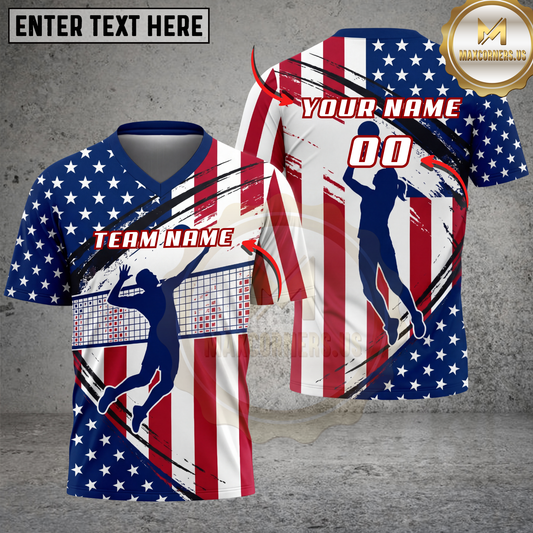 Maxcorners Volleyball USA Flag Patriotic Player Silhouette Multicolor Options Personalized 3D V-neck T-Shirt