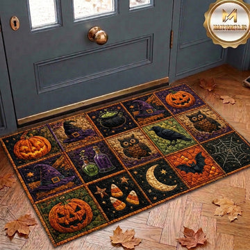 Maxcorners Halloween Pumpkin Witch Hat Owl Crow Bat Candy Corn Quilt Patchwork 3D Doormat