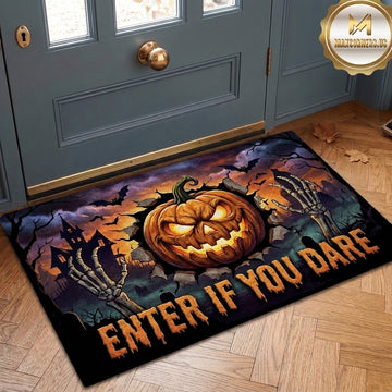 Maxcorners Halloween Enter If You Dare 3D Pumpkin Breakthrough Skeleton Hands Haunted House Bats 3D Doormat