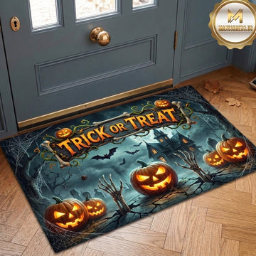 Maxcorners Halloween Trick Or Treat Pumpkins Ghost Skeleton Hands Haunted Mansion Bats Spiderweb 3D Doormat