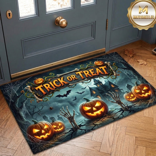 Maxcorners Halloween Trick Or Treat Pumpkins Ghost Skeleton Hands Haunted Mansion Bats Spiderweb 3D Doormat