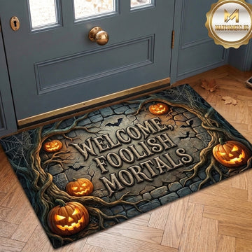 Maxcorners Halloween Welcome Foolish Mortals Stone Cracked Floor Pumpkin Twisted Roots Bats 3D Doormat