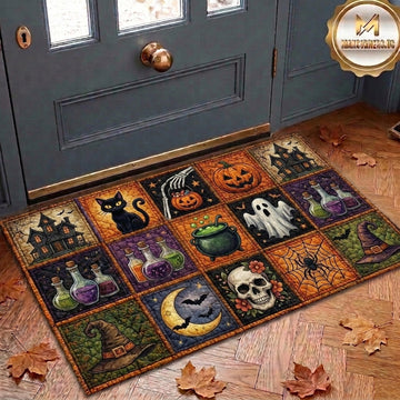 Maxcorners Halloween Quilt Patchwork Black Cat Ghost Cauldron Skull Witch Hat Potion Moon Spider 3D Doormat