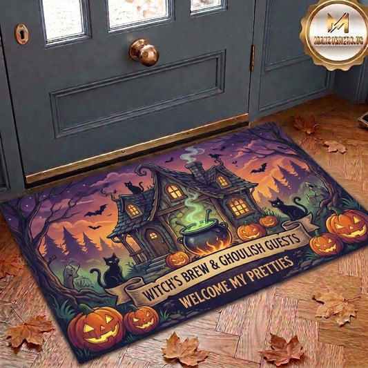 Maxcorners Halloween Witchs Brew And Ghoulish Guests Welcome My Pretties Witch House Black Cat Cauldron Pumpkins 3D Doormat