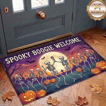 Maxcorners Halloween Spooky Boogie Welcome Dancing Skeletons Moonlight Pumpkins Bats Graveyard Party 3D Doormat