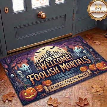 Maxcorners Halloween Welcome Foolish Mortals Ghostly Greeting Haunted Cemetery Gate Ghost Pumpkins Skeleton 3D Doormat