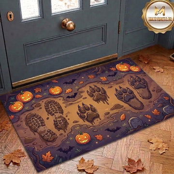 Maxcorners Halloween Muddy Footprints Werewolf Bigfoot Paw Prints Jack O Lantern Bats Fall Leaves Graveyard 3D Doormat