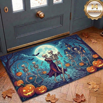 Maxcorners Halloween Dancing Skeletons Moonlight Party Pumpkins Haunted House Graveyard 3D Doormat