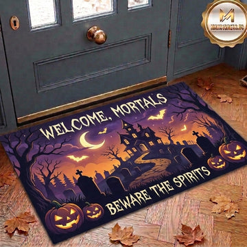 Maxcorners Halloween Welcome Mortals Beware The Spirits Haunted House Cemetery Pumpkins Bats 3D Doormat