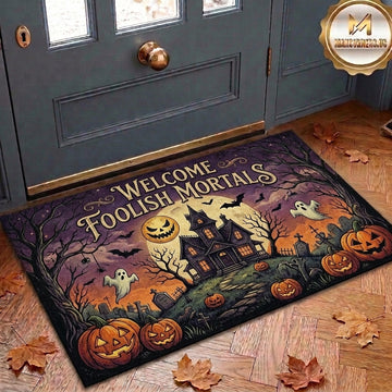 Maxcorners Halloween Welcome Foolish Mortals Haunted Mansion Ghosts Bats Pumpkins Graveyard 3D Doormat