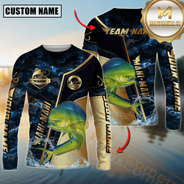 Maxcorners Mahi-mahi Fishing Ocean Wave Gold Luxury Pattern Personalized Name, Team Name Long Sleeve Shirt