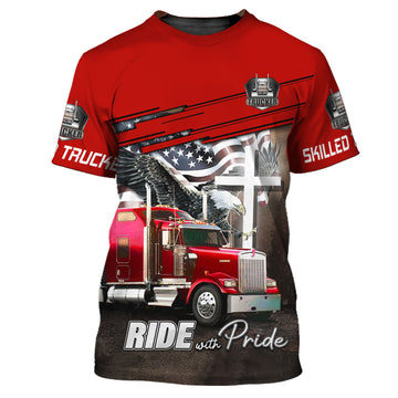 Maxcorners Ride With Pride Red Big Truck T Shirts, Truck Driver Custom Tee Shirt