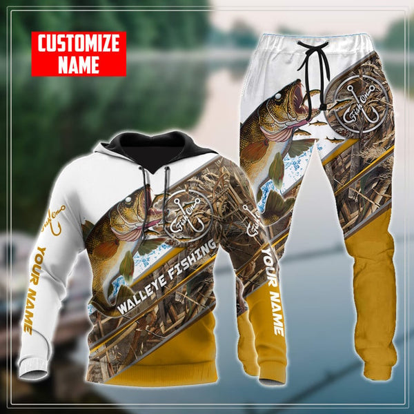 CUSTOM NAME WALLEYE FISHING CAMO 3D PRINT COMBO HOODIE SWEATPANTS