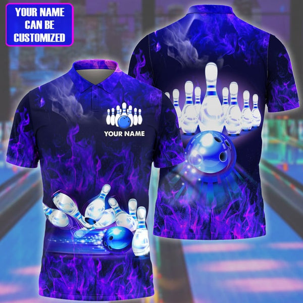 Maxcorners Bowling Flame Pattern Multicolor Customized Name 3D Polo Shirt