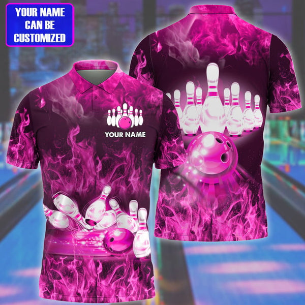 Maxcorners Bowling Flame Pattern Multicolor Customized Name 3D Polo Shirt