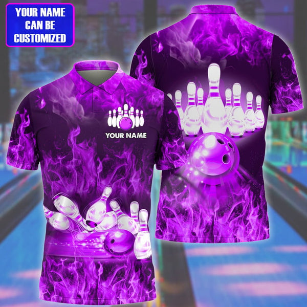 Maxcorners Bowling Flame Pattern Multicolor Customized Name 3D Polo Shirt