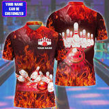 Maxcorners Bowling Flame Pattern Multicolor Customized Name 3D Polo Shirt